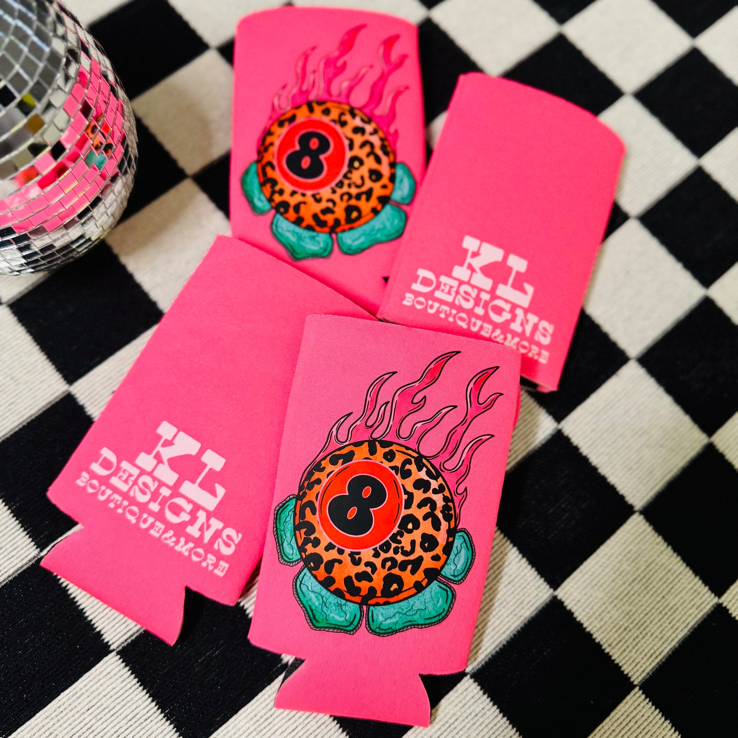 Neon Pink Leopard 8 Ball Logo Can Cooler