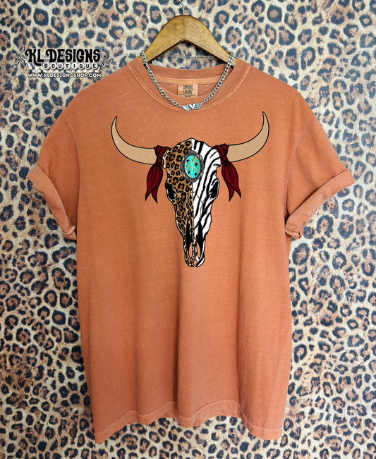 Burgundy Bandana Animal Print Bull Skull