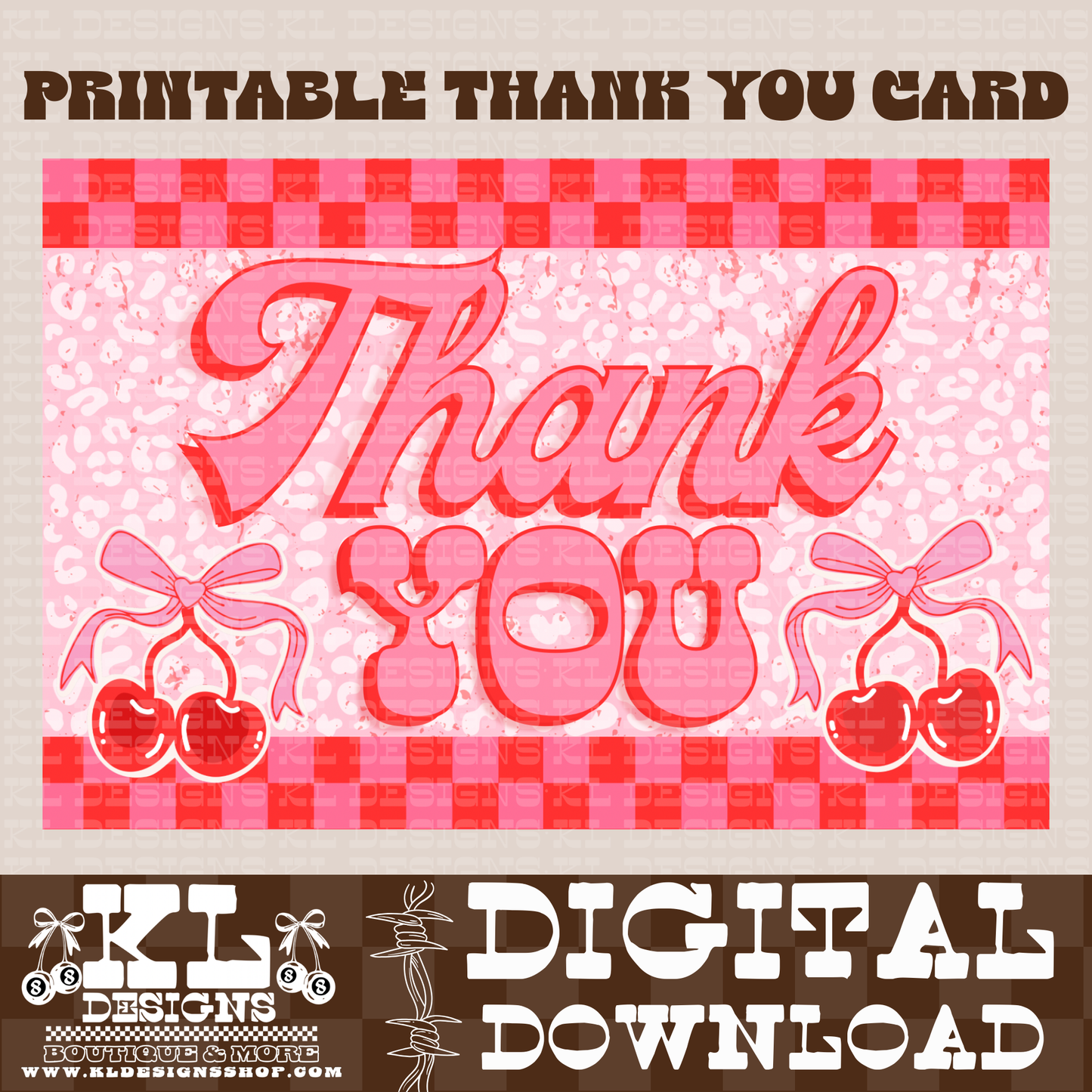 Pink Cherries & Checkered 4X6 Printable Thank You Card | Digital Download