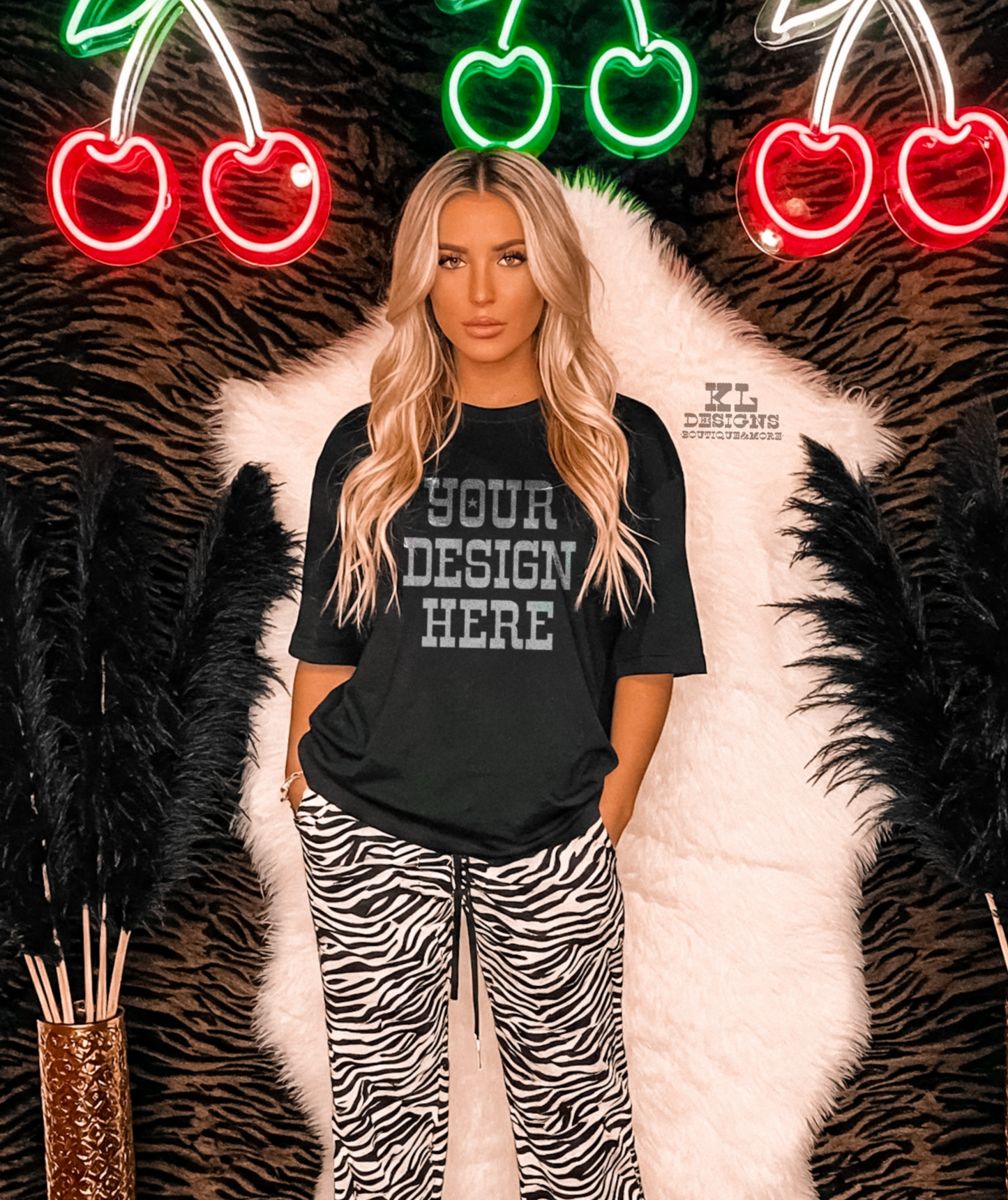 Black Tee Model Zebra Neons Mock