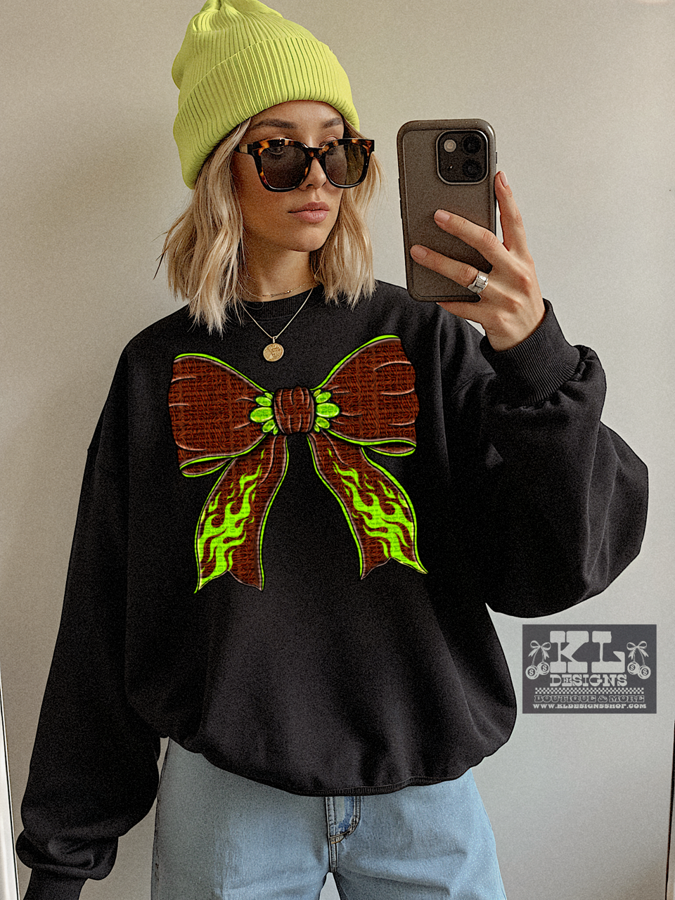 Edgy Stripes And Green Flames Bow