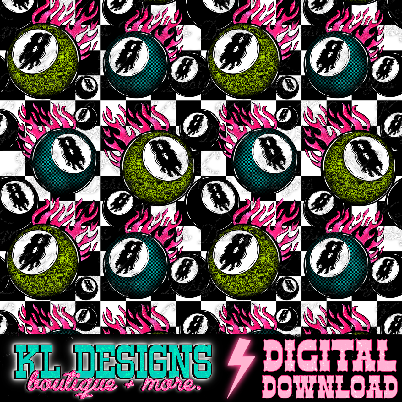 Edgy Flaming 8 Ball Seamless (3 colors) | Digital Download
