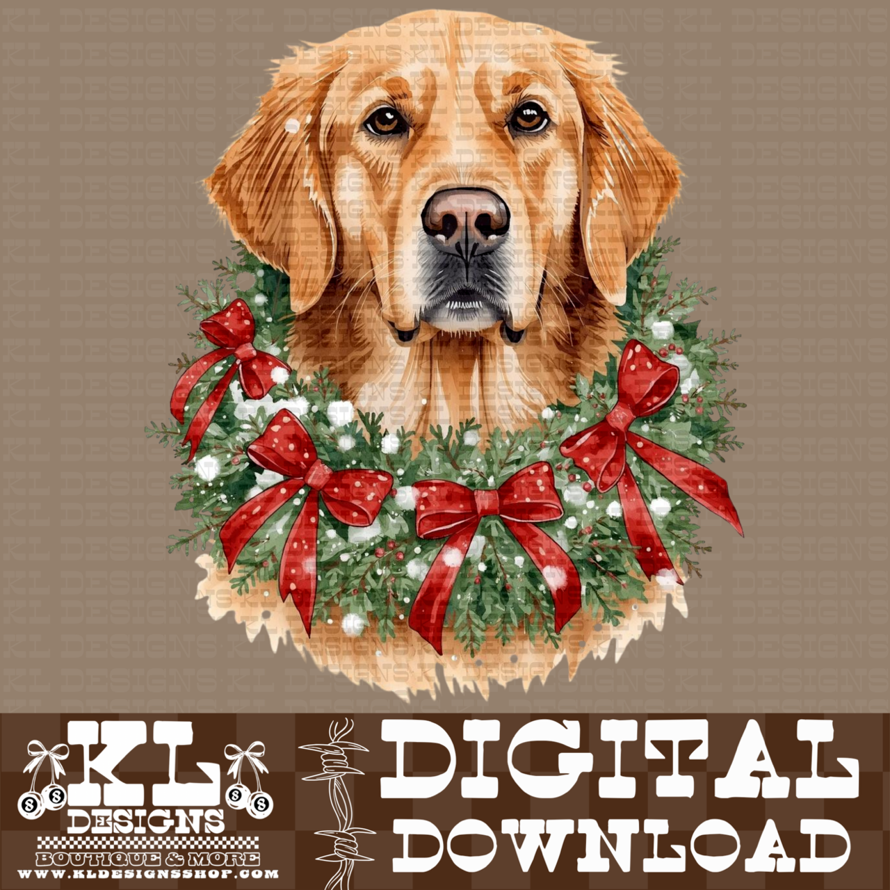 Christmas Golden Retriever Bow Wreath Watercolor Portrait | Digital Download