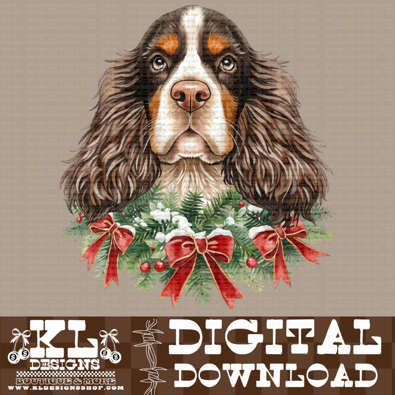 Christmas Cocker Spaniel Bow Wreath Watercolor Portrait | Digital Download