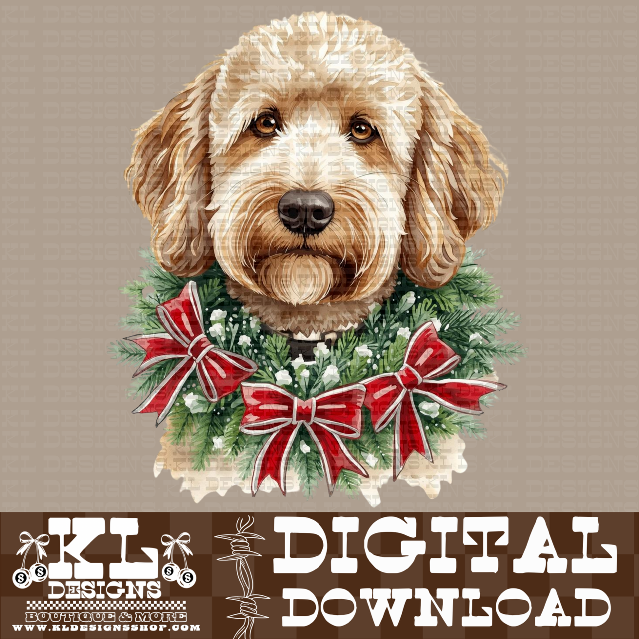 Christmas Golden Doodle Bow Wreath Watercolor Portrait | Digital Download