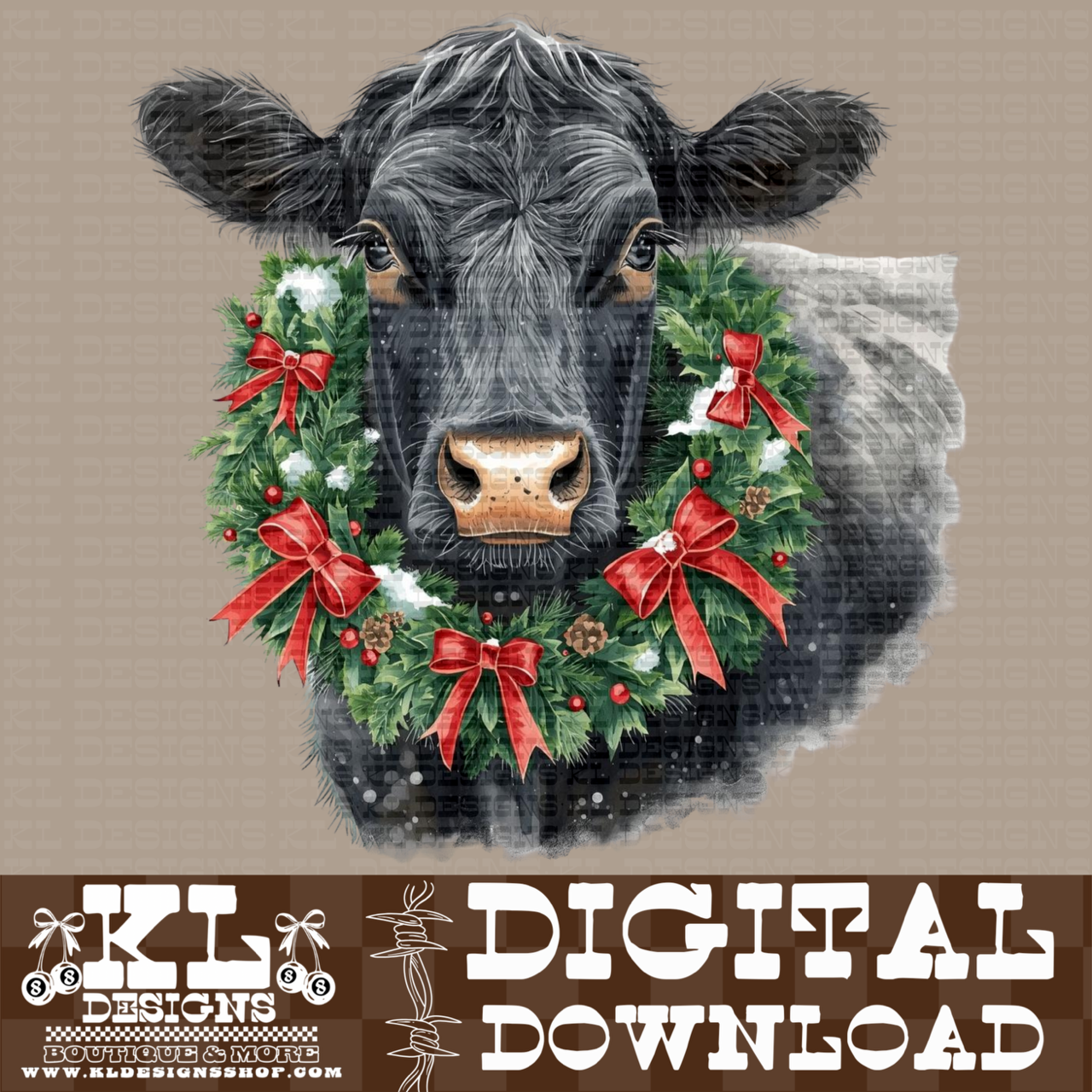Christmas Black Cow Wreath Watercolor Portrait | Digital Download