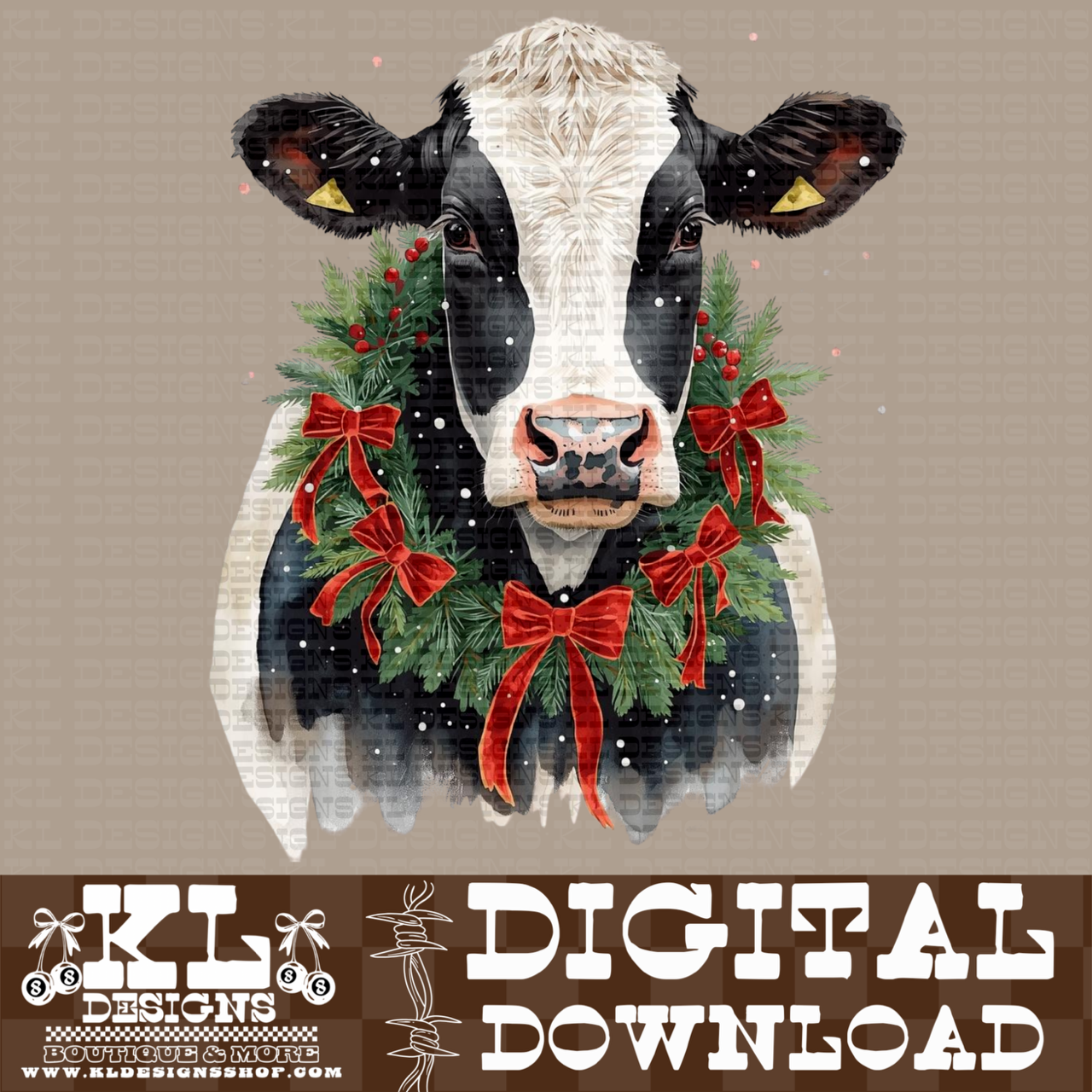 Christmas Black/White Cow Wreath Watercolor Portrait | Digital Download