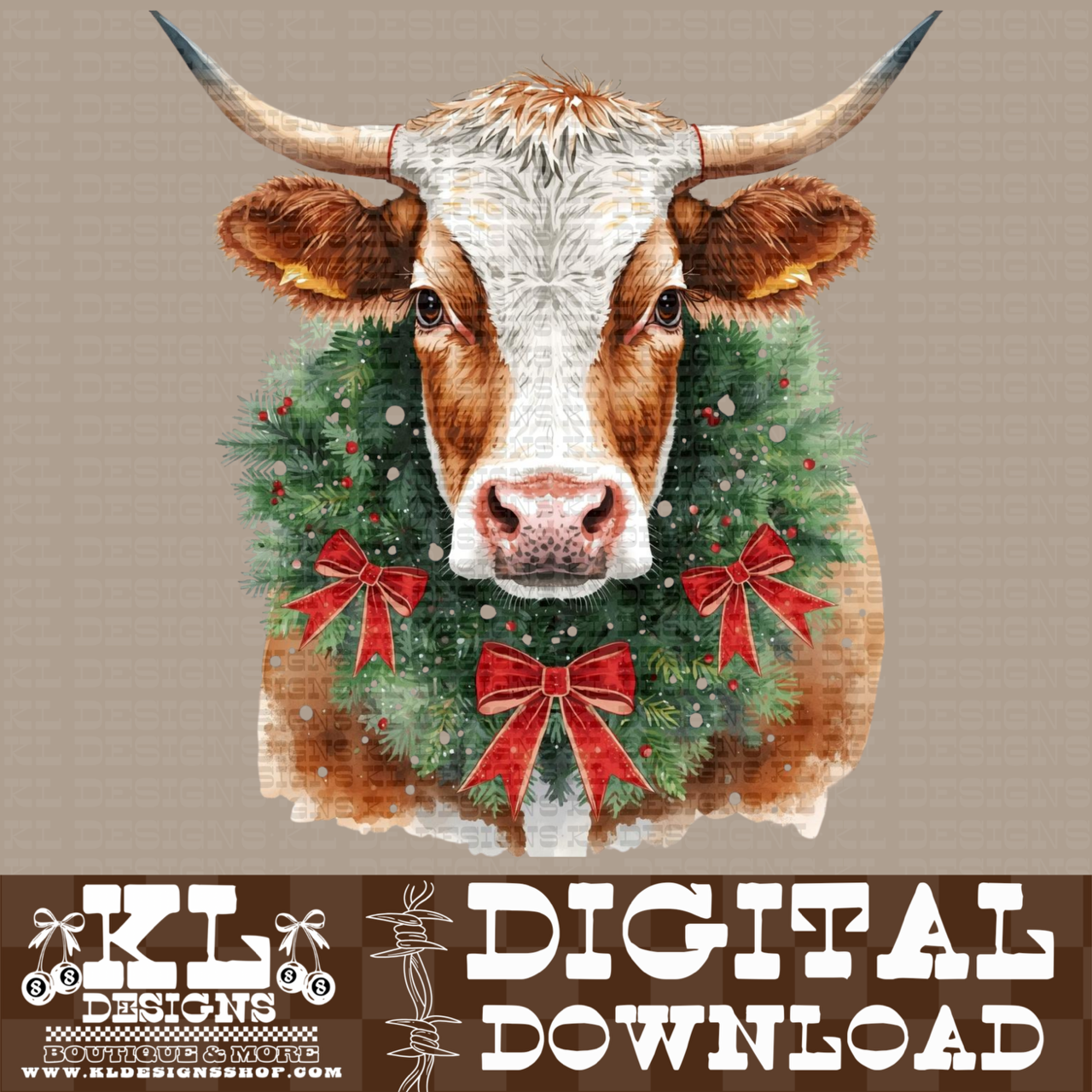 Christmas Red/White Bull Wreath Watercolor Portrait | Digital Download