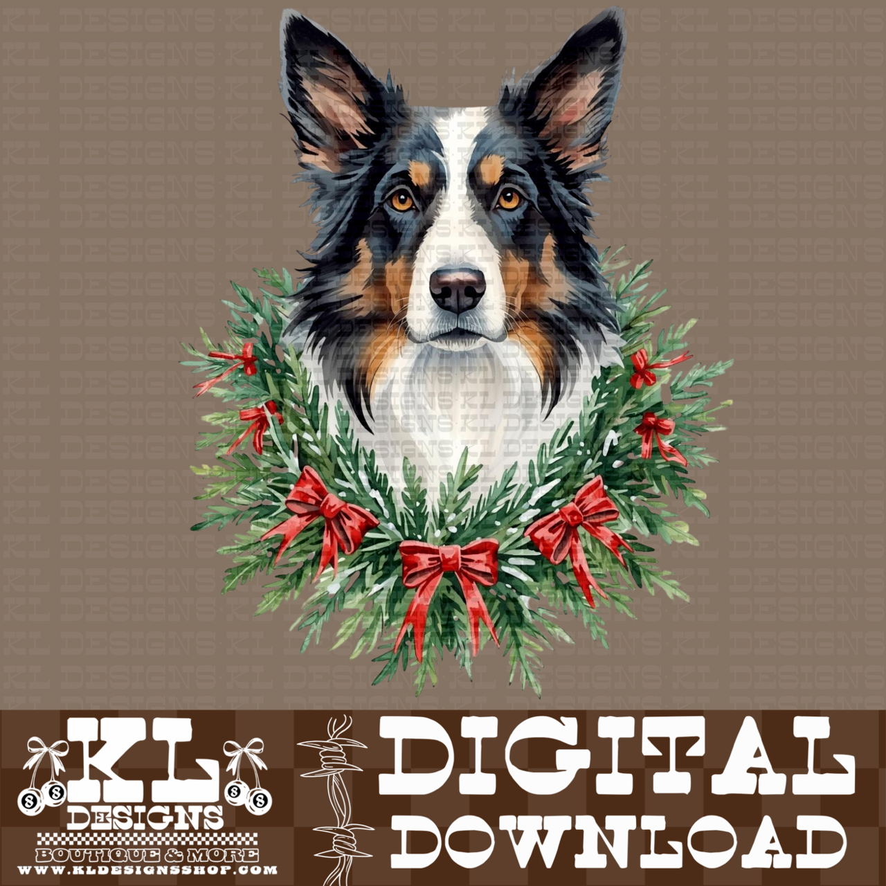 Christmas Border Collie Wreath Watercolor Portrait | Digital Download