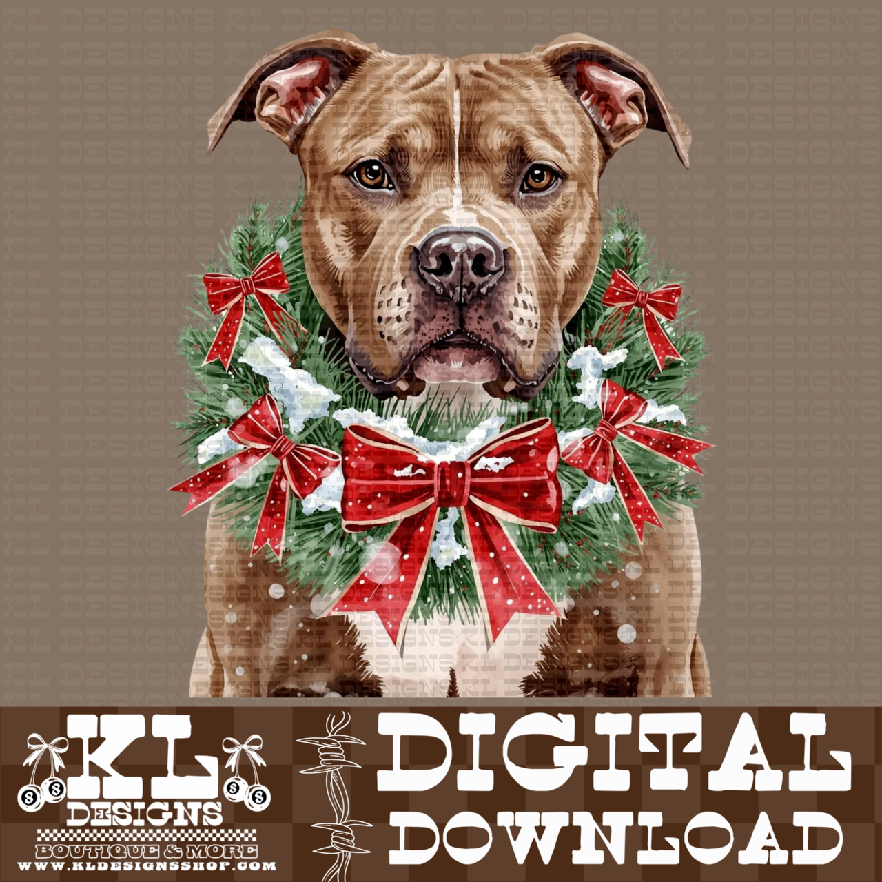 Christmas Tan/White Pitbull Wreath Watercolor Portrait | Digital Download