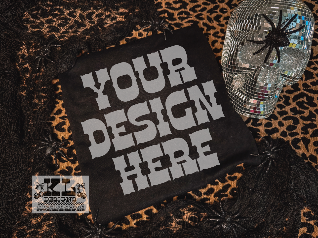 Black Tee Halloween Spooky Spiders & Leopard Mockup (digital download)