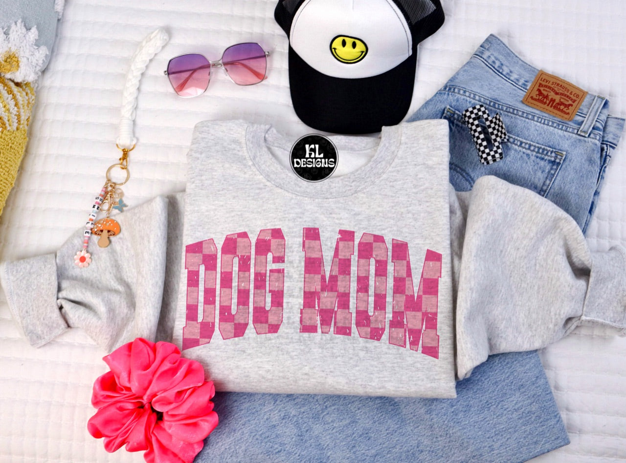 Pink Checker Dog Mom Varsity