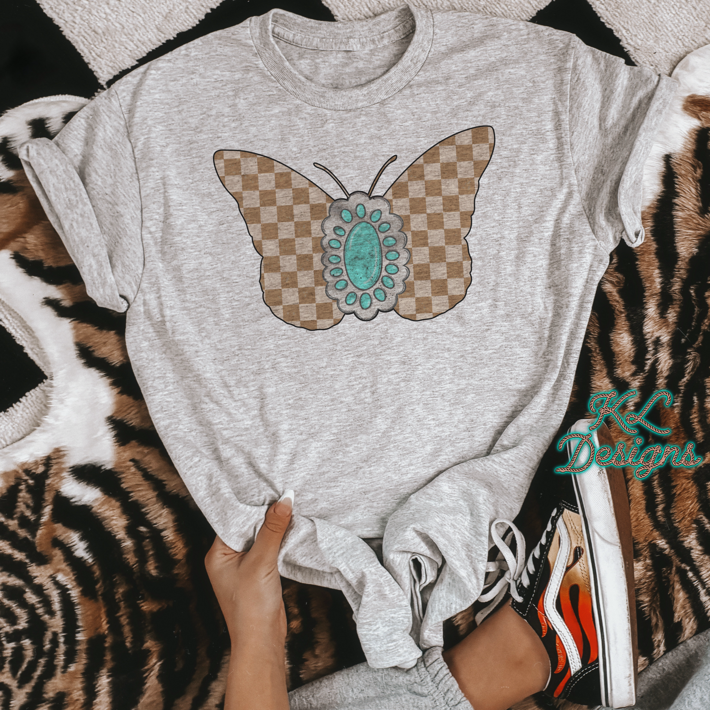 Turquoise & Tan Checkered Butterfly