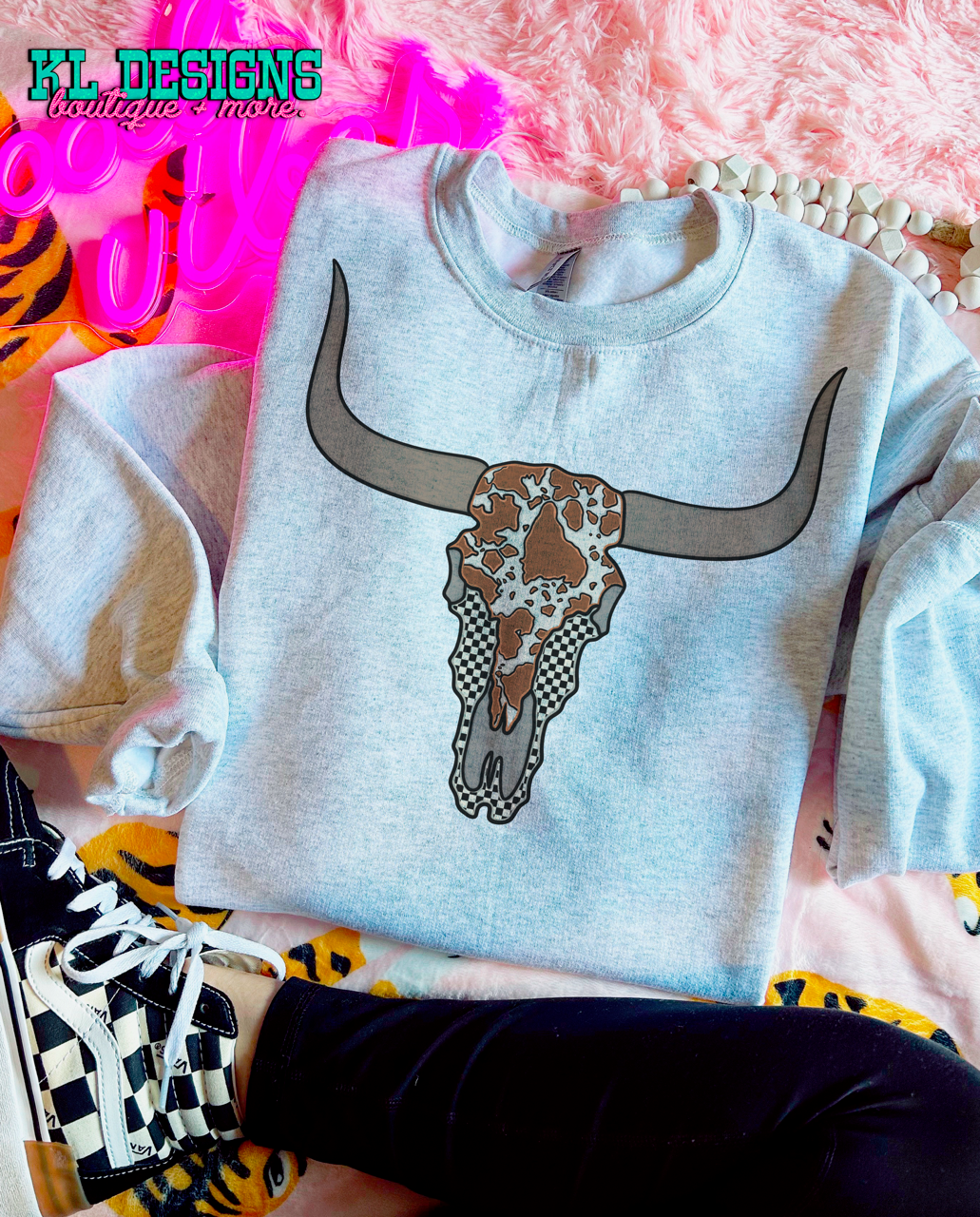 Checkered & Cowhide Bull Skull (sublimation)