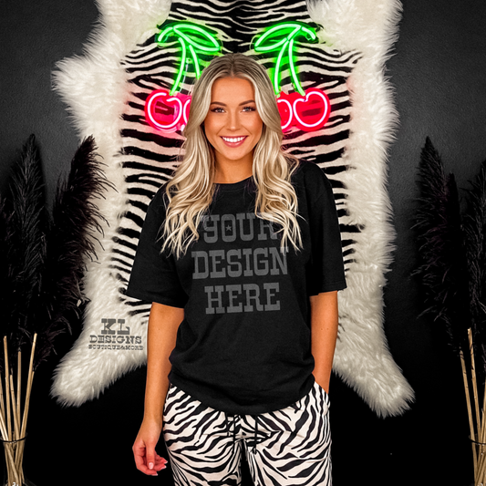 Black Tee Model Zebra Neons Mock