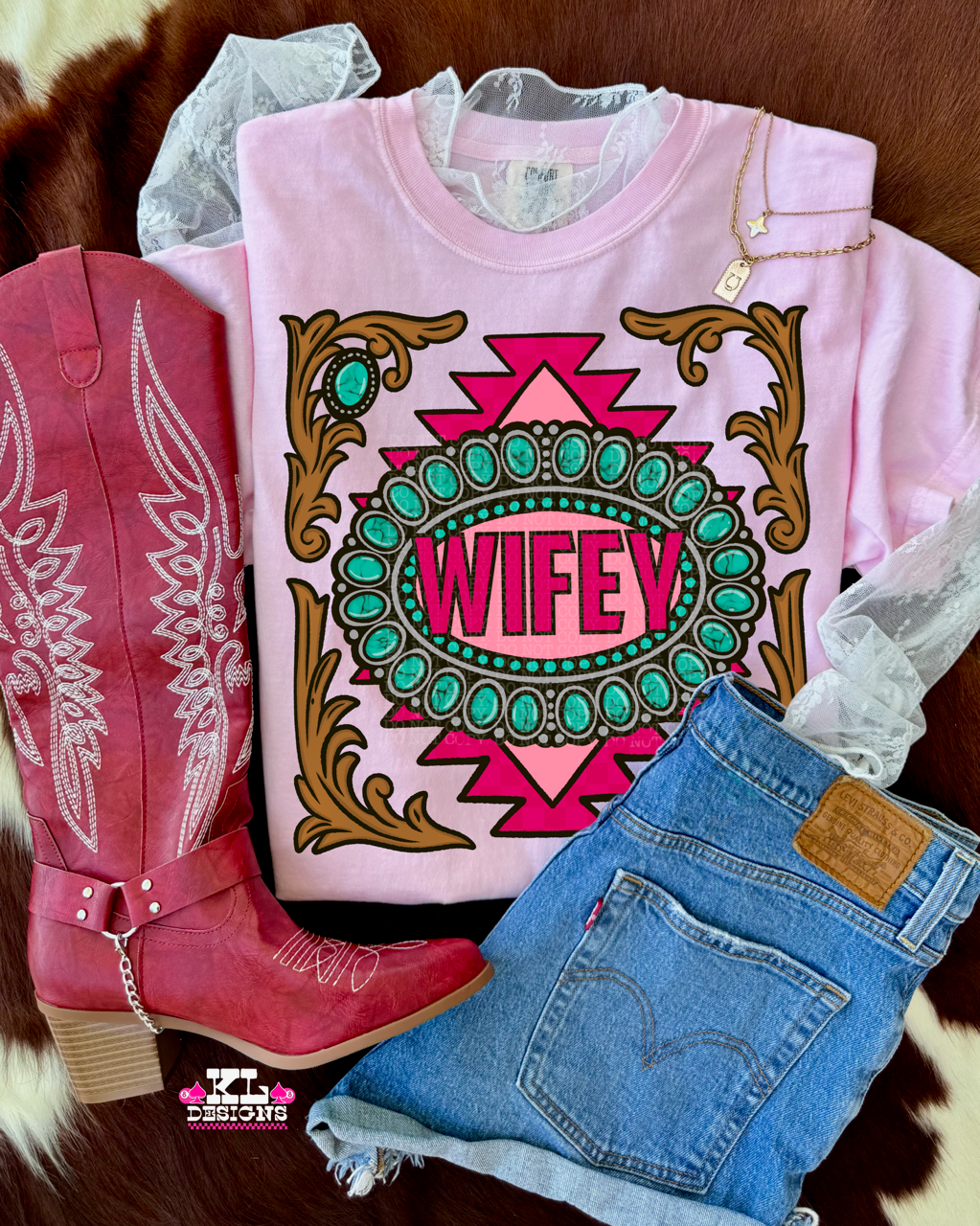 Turquoise Tooled Pink Wifey