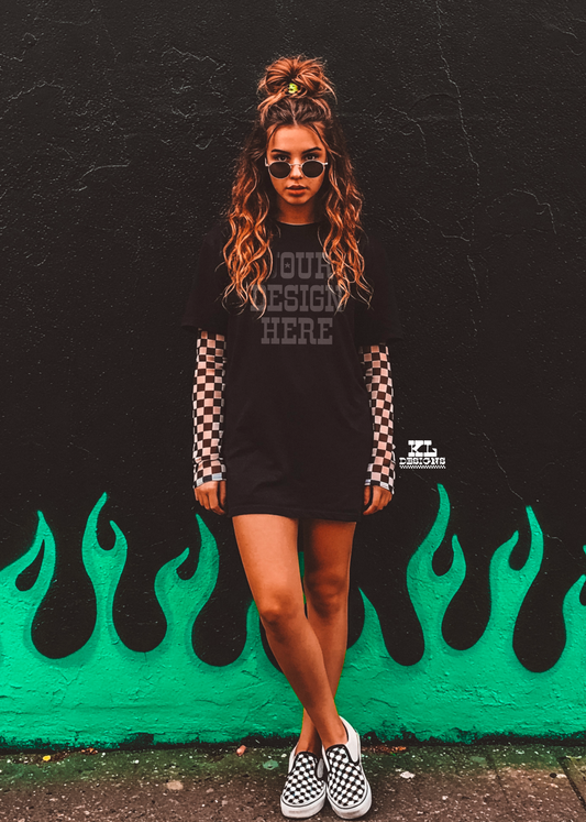 Black Tee Flames & Checkers Mock