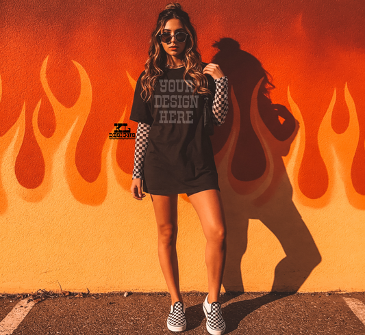 Black Tee Flames & Checkers Mock
