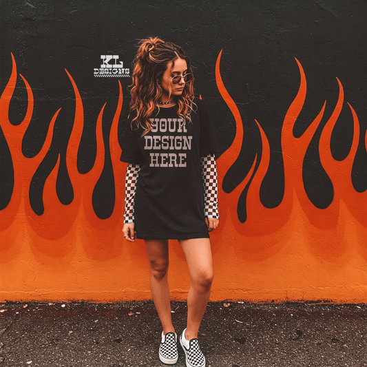 Black Tee Flames & Checkers Mock