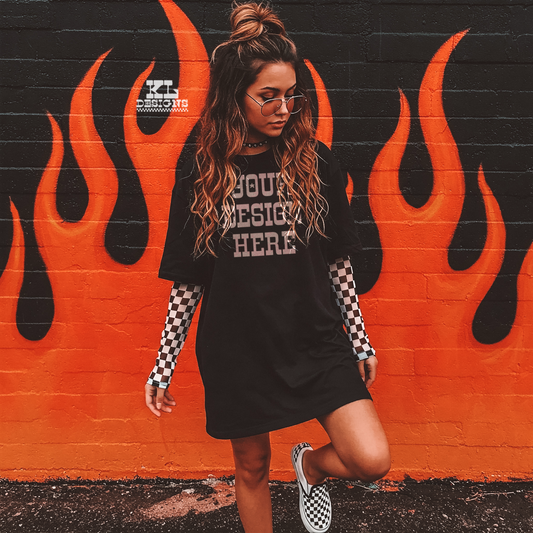 Black Tee Flames & Checkers Mock