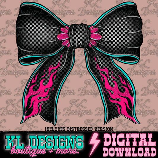 Edgy Checkered Pink Turquoise Flame Bow | Digital Download