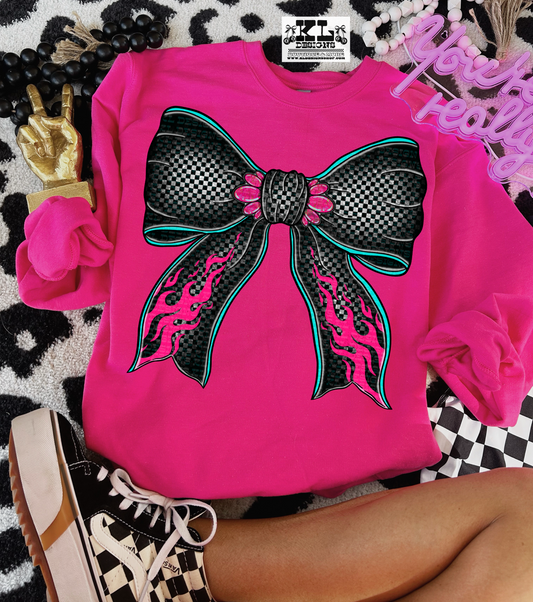Edgy Checkered Turquoise Pink Flames Bow