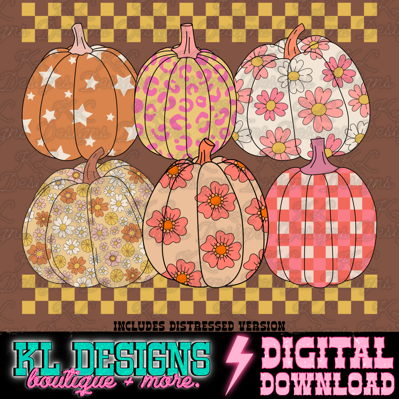 Retro Checkered Peachy Pumpkins | Digital Download