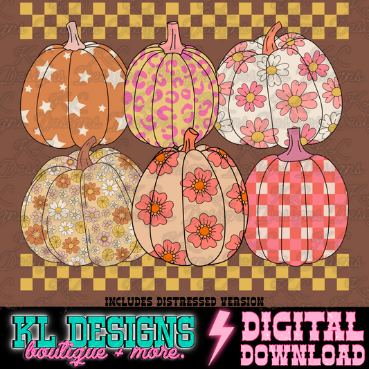 Retro Checkered Peachy Pumpkins | Digital Download