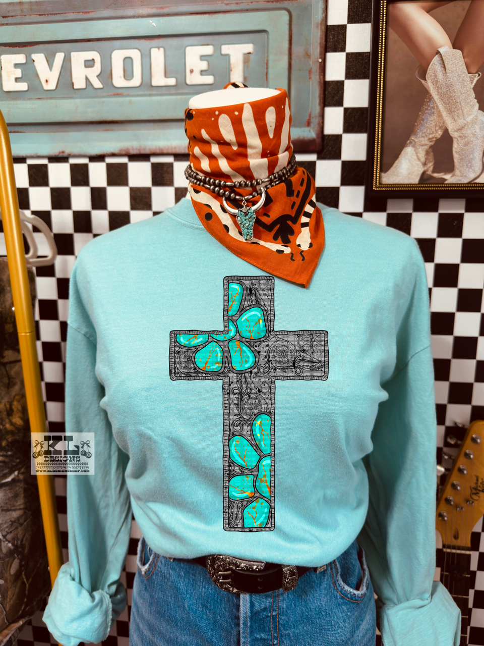 Western Tooled Metal Turquoise Cross