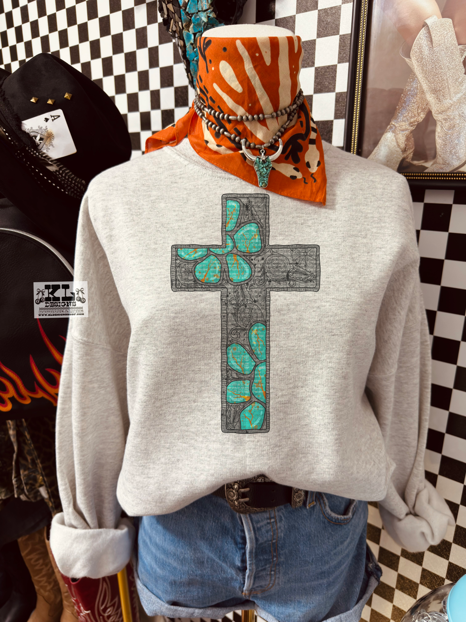 Western Tooled Metal Turquoise Cross