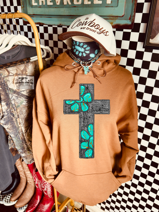 Western Tooled Metal Turquoise Cross