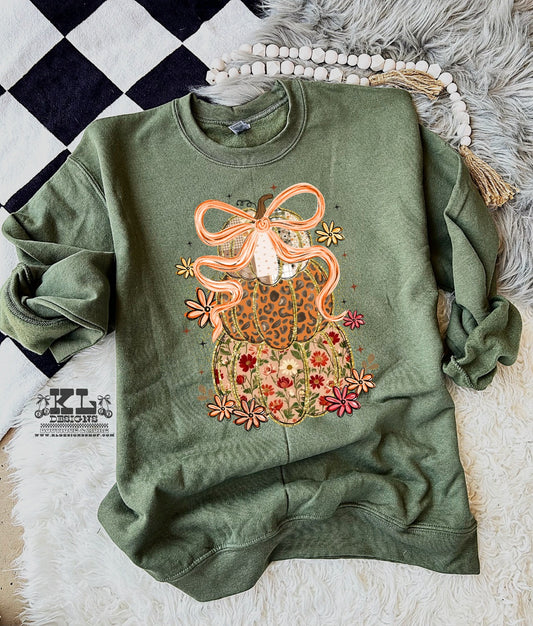 Autumn Floral Leopard Bow Pumpkin Stack