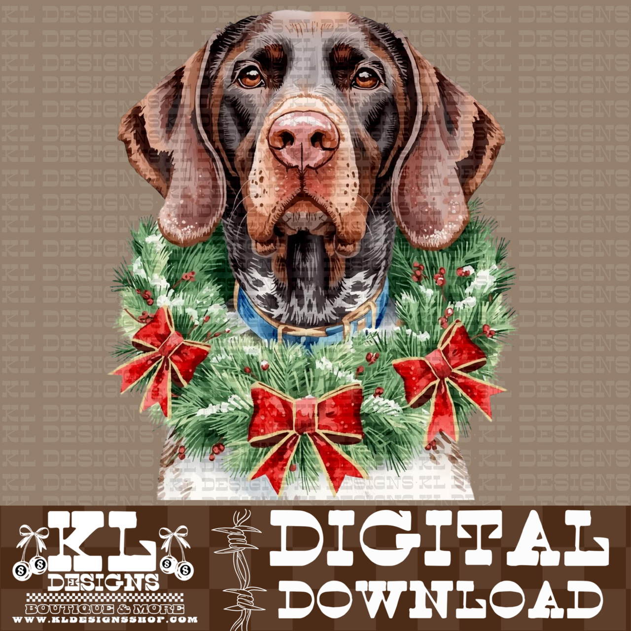 Christmas GSP Bow Wreath Watercolor Portrait | Digital Download