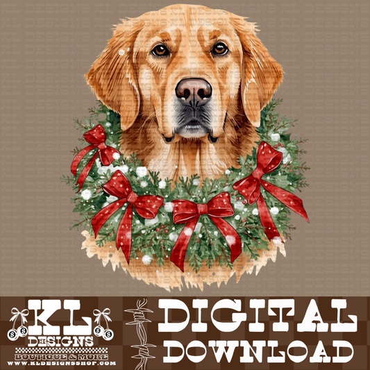 Christmas Golden Retriever Bow Wreath Watercolor Portrait | Digital Download