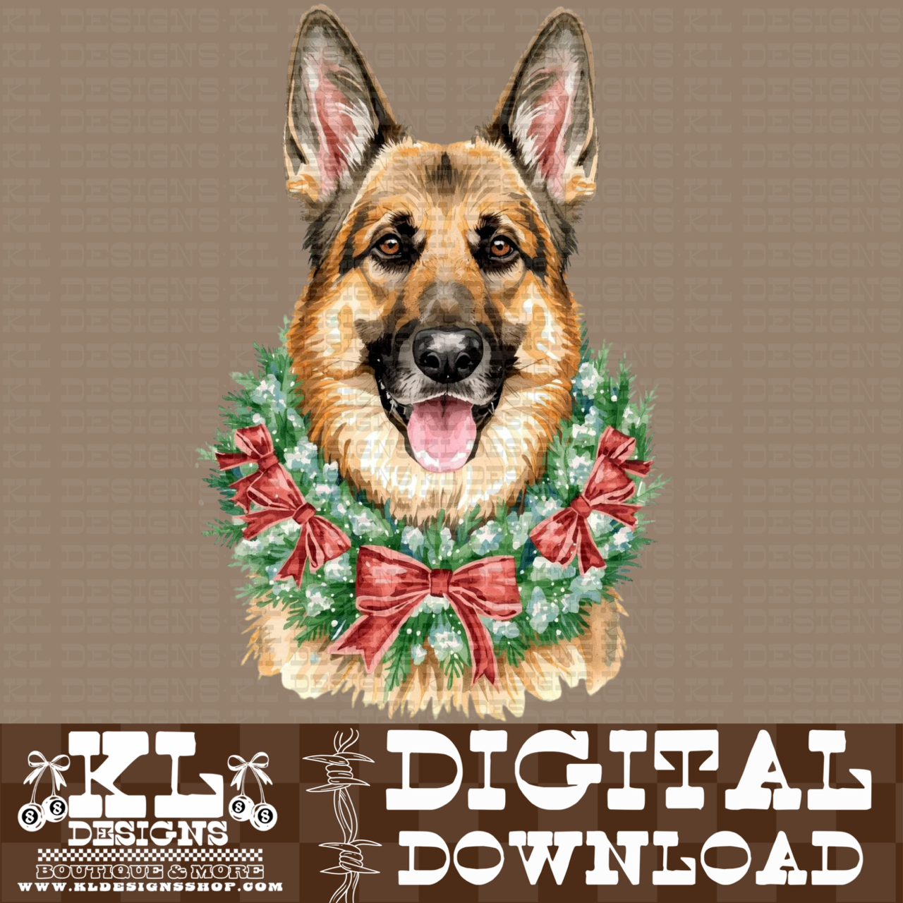 Christmas German Shepard Bow Wreath Watercolor Portrait | Digital Download