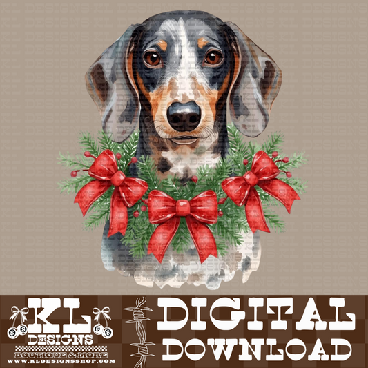 Christmas Dapple Dachshund Bow Wreath Watercolor Portrait | Digital Download