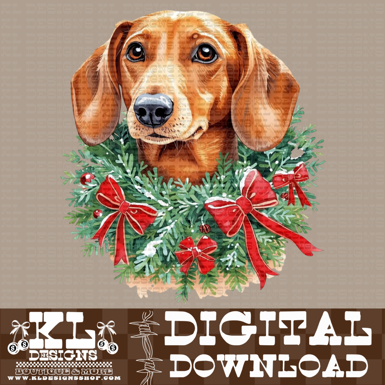 Christmas Red Dachshund Bow Wreath Watercolor Portrait | Digital Download