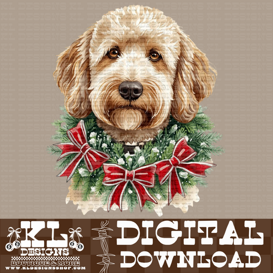 Christmas Golden Doodle Bow Wreath Watercolor Portrait | Digital Download
