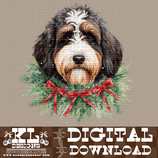 Christmas Bernedoodle Bow Wreath Watercolor Portrait | Digital Download