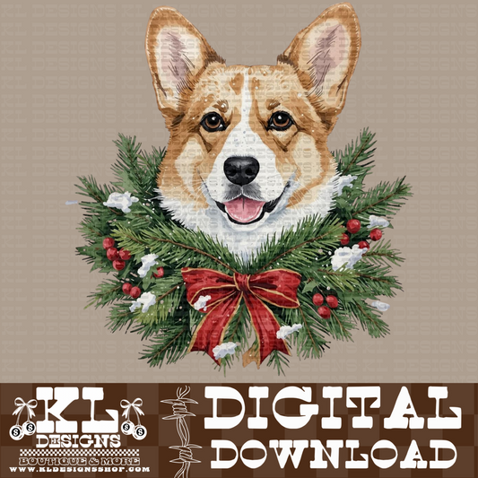 Christmas Tan/White Corgi Bow Wreath Watercolor Portrait | Digital Download