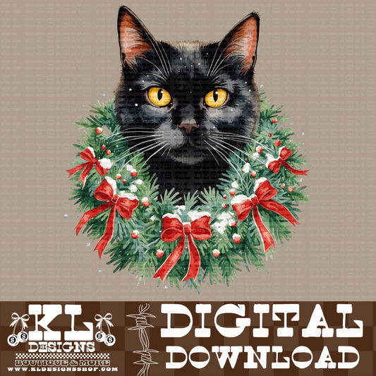 Christmas Black Cat Bow Wreath Watercolor Portrait | Digital Download