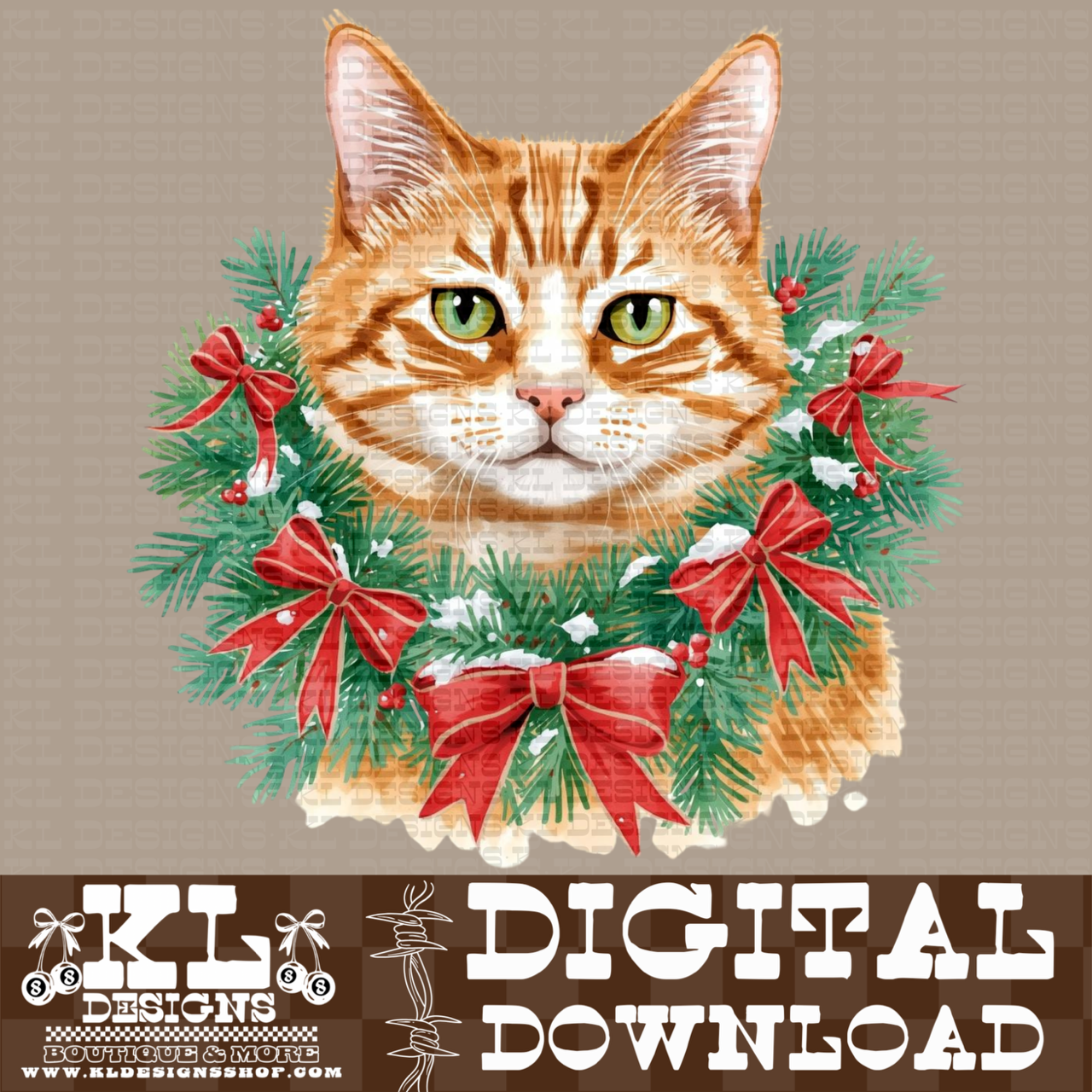 Christmas Orange Cat Bow Wreath Watercolor Portrait | Digital Download