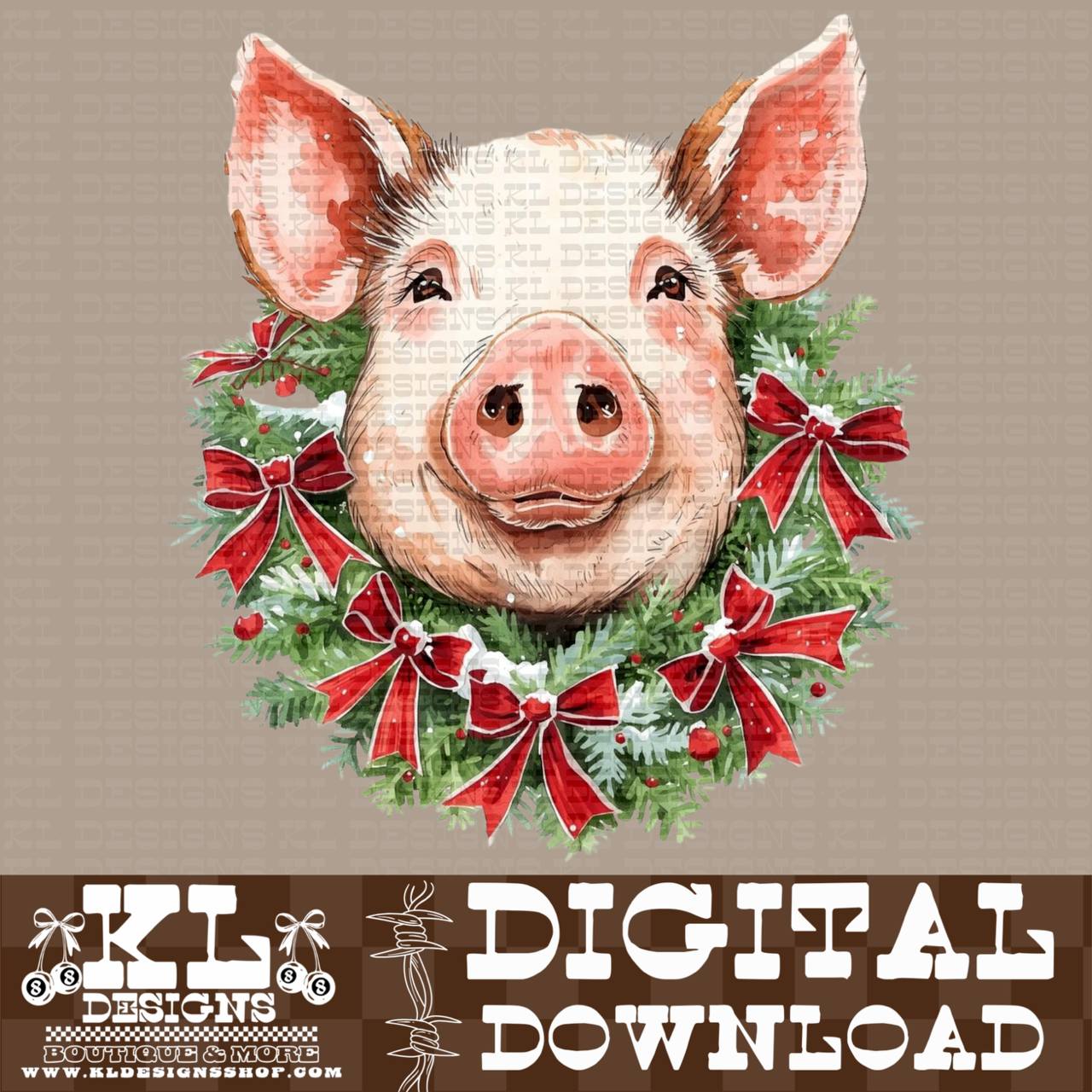 Christmas Pig Bow Wreath Watercolor Portrait | Digital Download