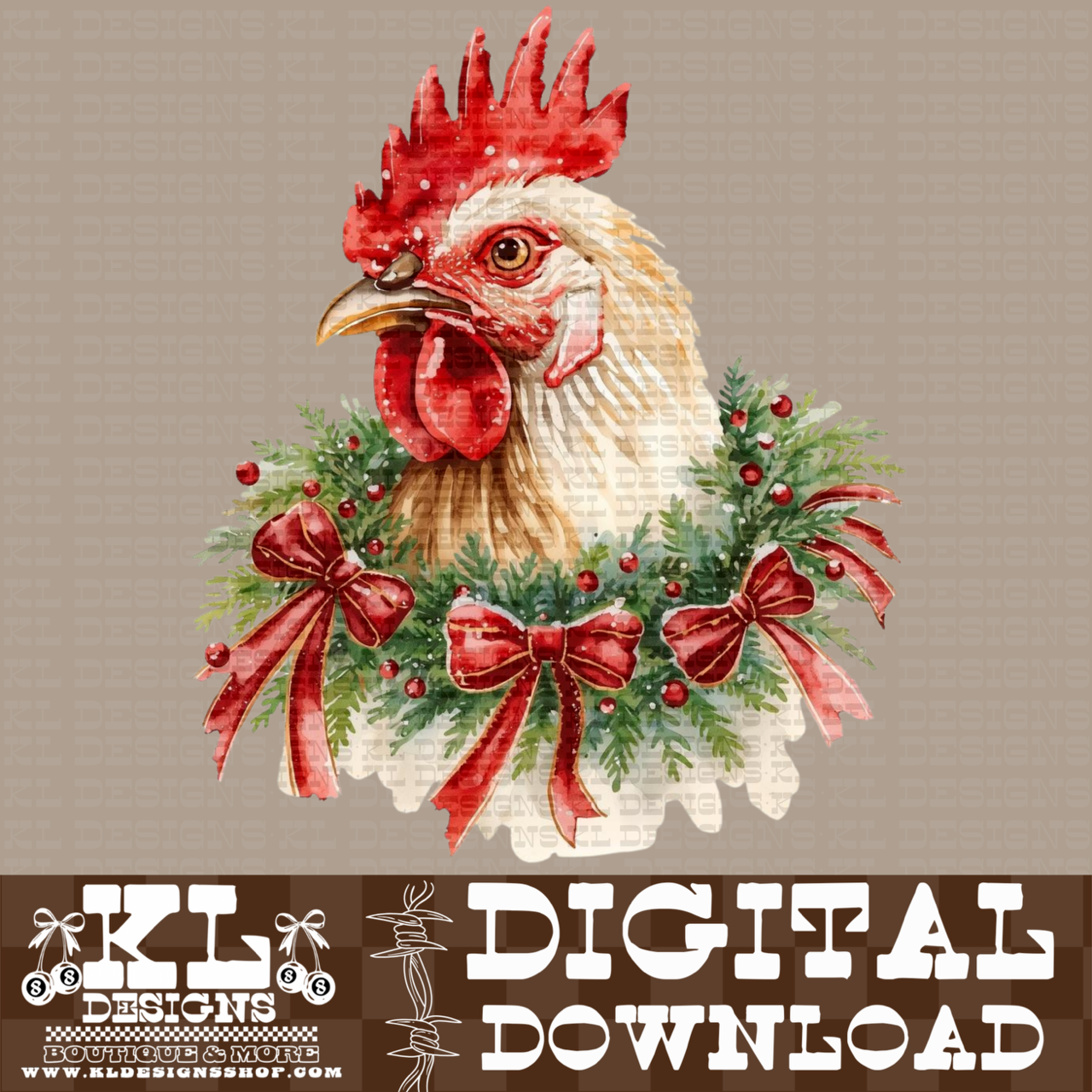 Christmas Tan Hen Wreath Watercolor Portrait | Digital Download