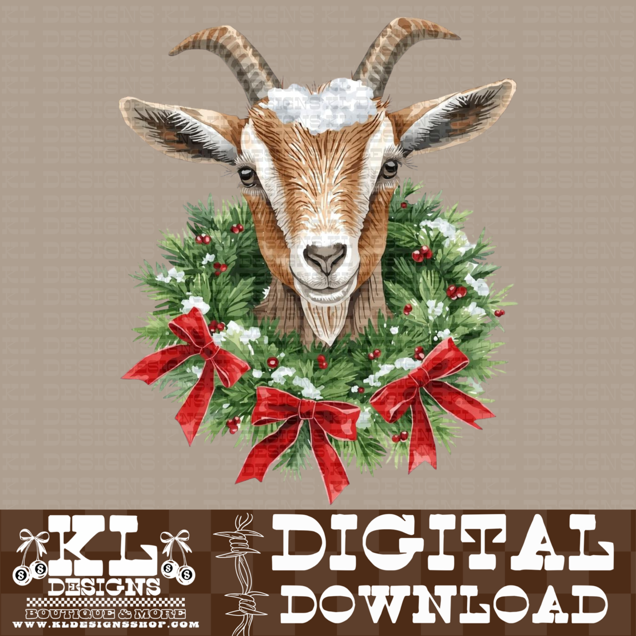 Christmas Goat Wreath Watercolor Portrait | Digital Download