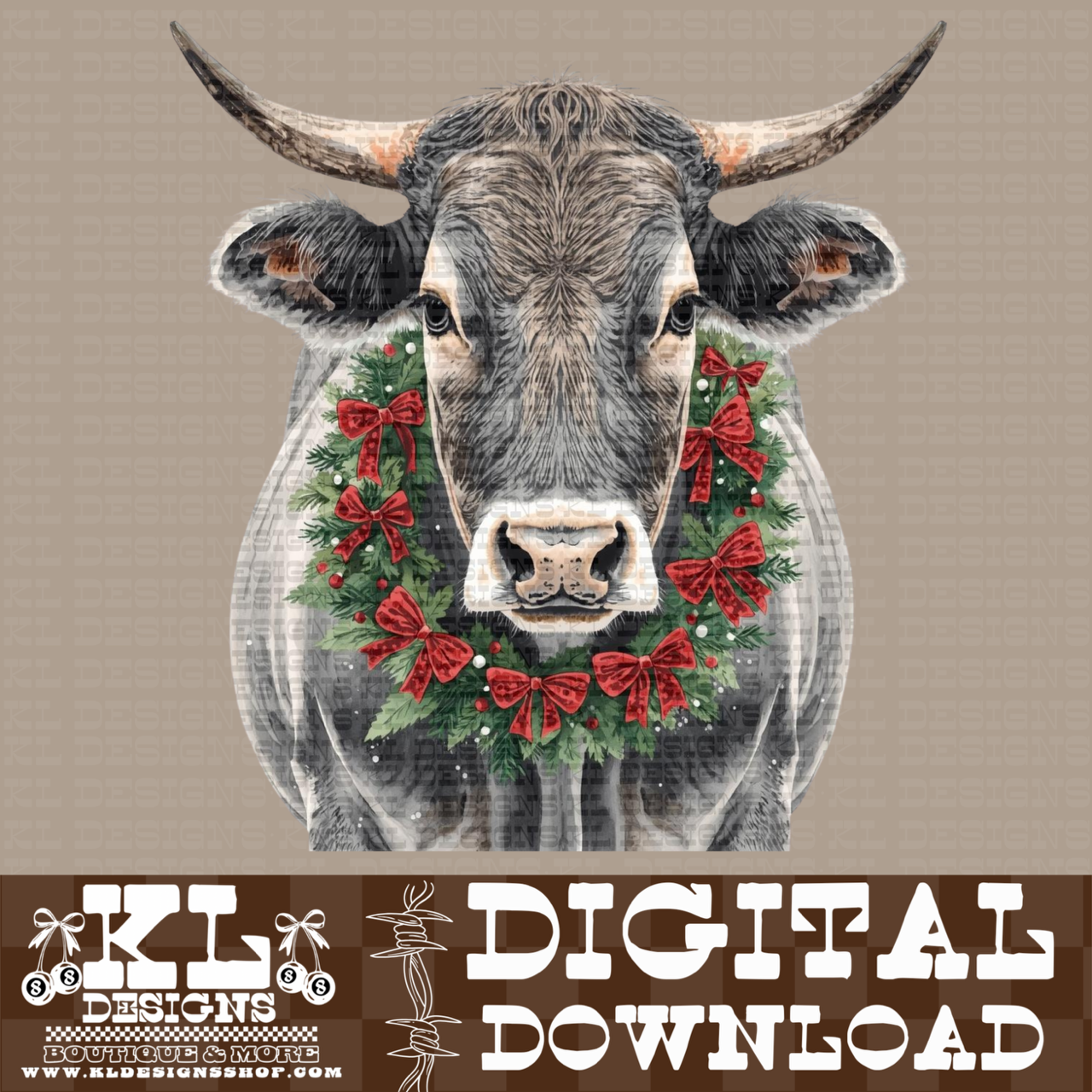 Christmas Grey Bull Wreath Watercolor Portrait | Digital Download