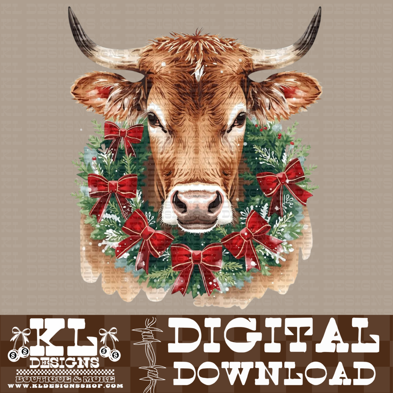 Christmas Red Bull Wreath Watercolor Portrait | Digital Download