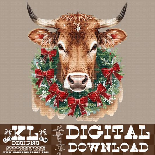 Christmas Red Bull Wreath Watercolor Portrait | Digital Download