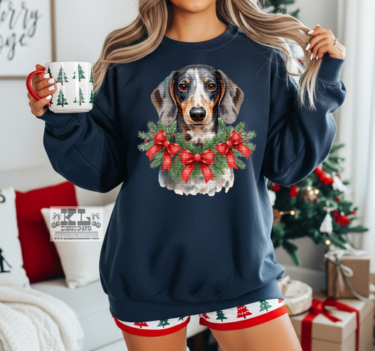 Dachshund/Dapple - Watercolor Christmas Bow Wreath