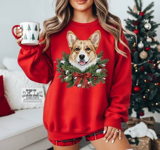 Corgi/Cream&White- Watercolor Christmas Bow Wreath